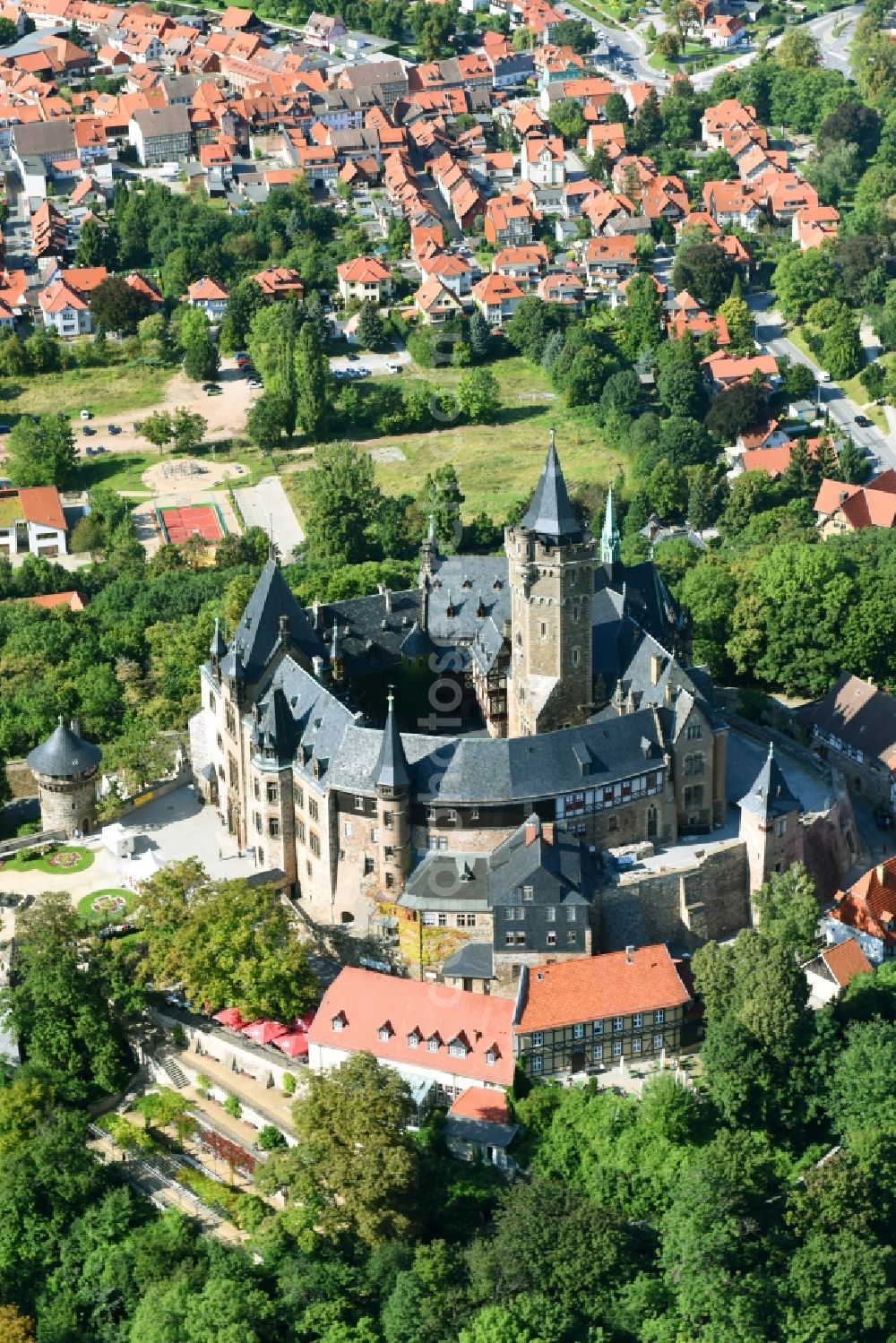 Wernigerode from above - Castle of the fortress Schloss Wernigerode in Wernigerode in the state Saxony-Anhalt, Germany