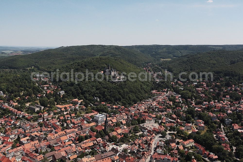 Aerial image Wernigerode - Castle of the fortress Schloss Wernigerode in Wernigerode in the state Saxony-Anhalt, Germany