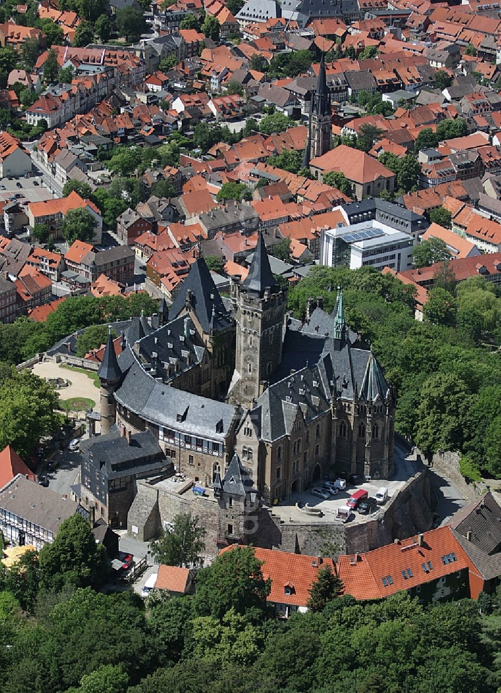 Wernigerode from above - Castle of the fortress Schloss Wernigerode in Wernigerode in the state Saxony-Anhalt, Germany