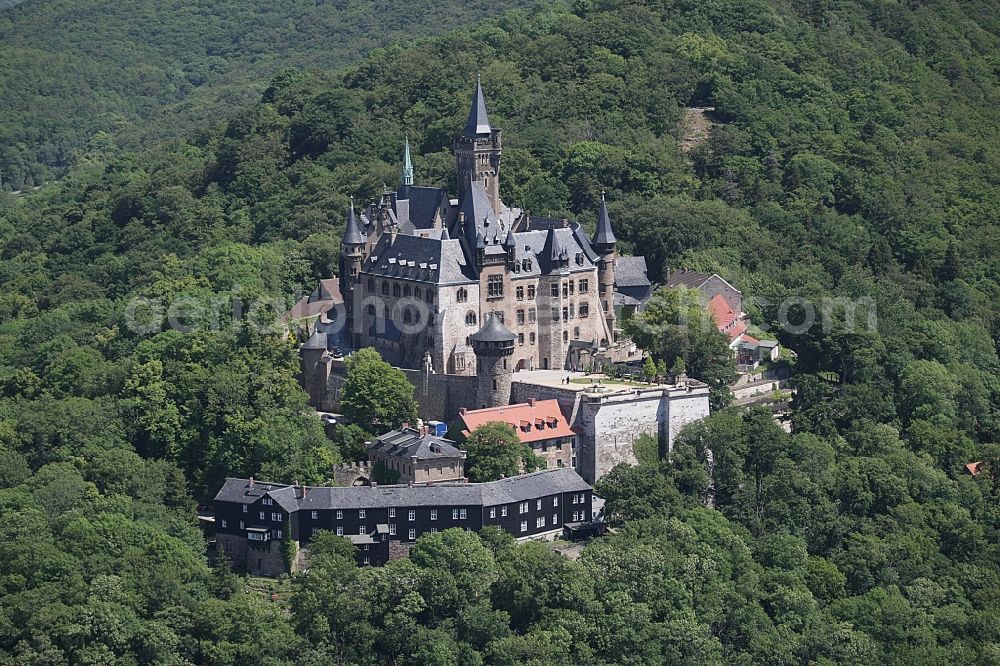 Wernigerode from above - Castle of the fortress Schloss Wernigerode in Wernigerode in the state Saxony-Anhalt, Germany