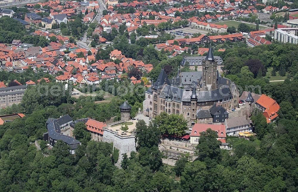 Aerial image Wernigerode - Castle of the fortress Schloss Wernigerode in Wernigerode in the state Saxony-Anhalt, Germany