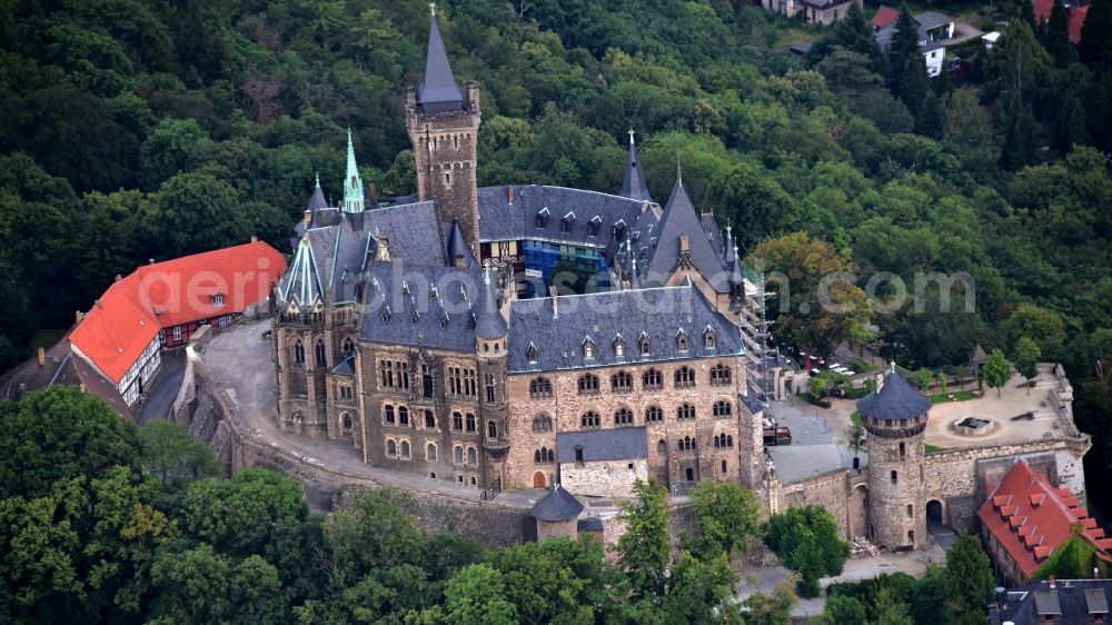 Aerial image Wernigerode - Castle of the fortress Schloss Wernigerode in Wernigerode in the state Saxony-Anhalt, Germany