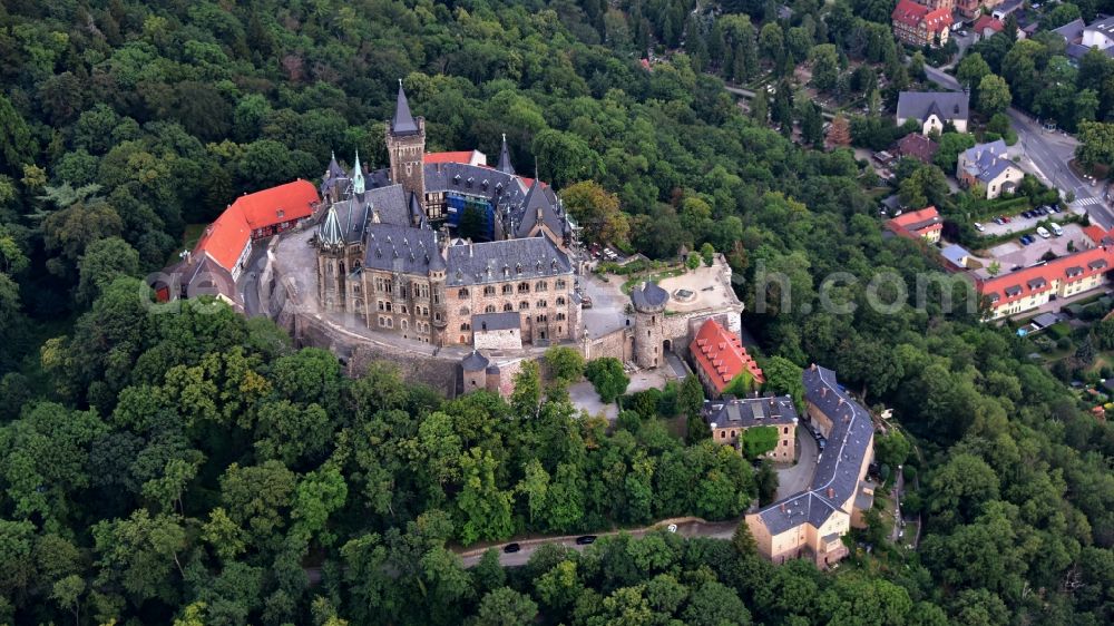 Aerial image Wernigerode - Castle of the fortress Schloss Wernigerode in Wernigerode in the state Saxony-Anhalt, Germany