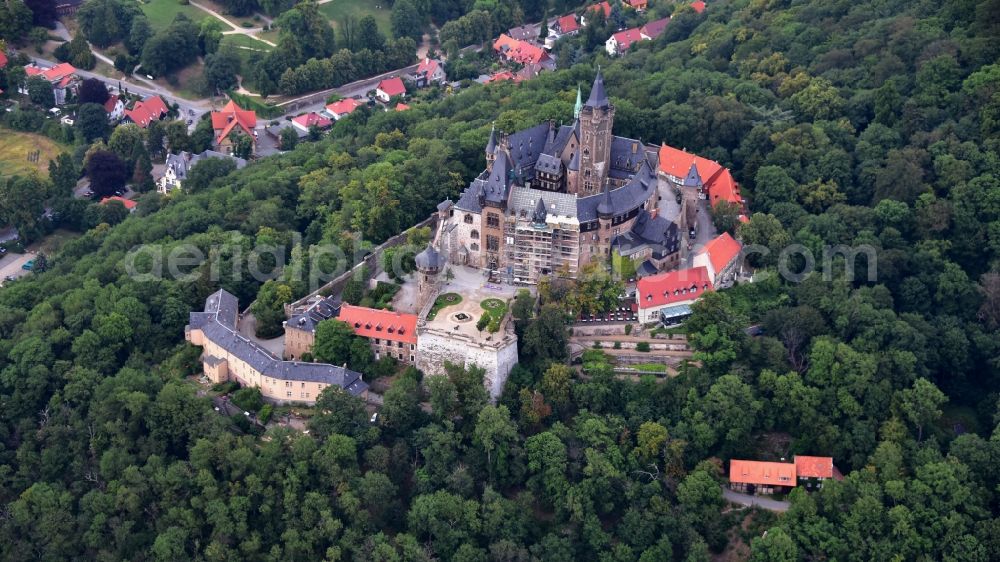 Wernigerode from above - Castle of the fortress Schloss Wernigerode in Wernigerode in the state Saxony-Anhalt, Germany