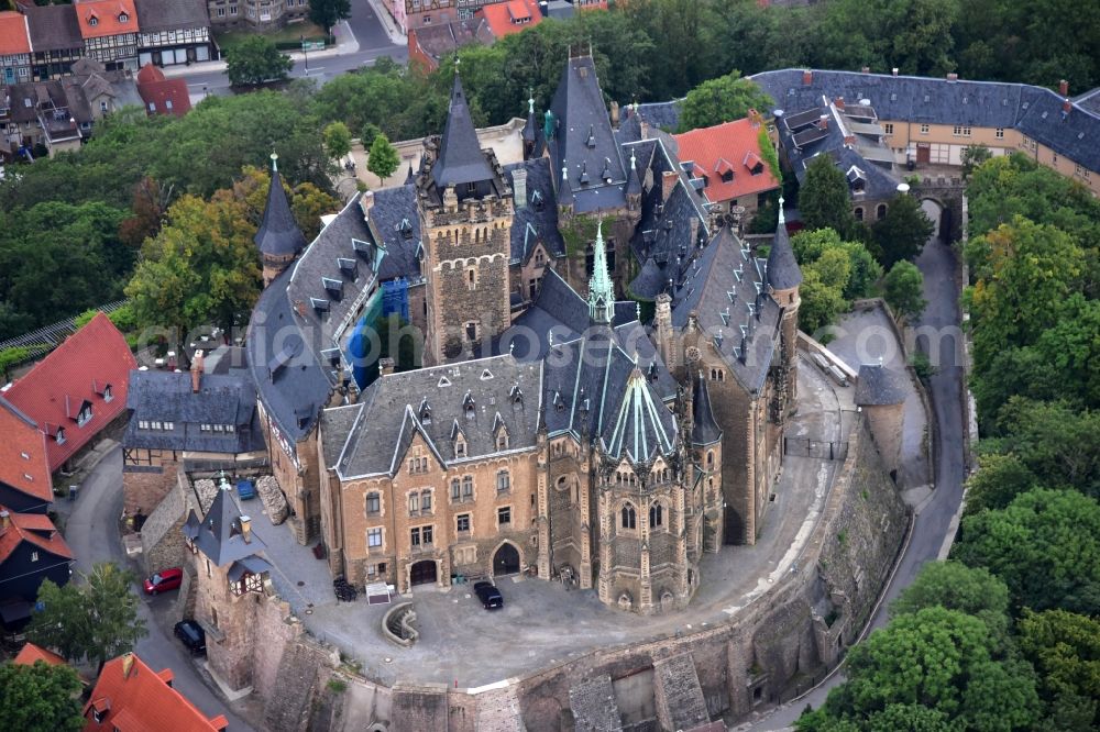 Wernigerode from above - Castle of the fortress Schloss Wernigerode in Wernigerode in the state Saxony-Anhalt, Germany