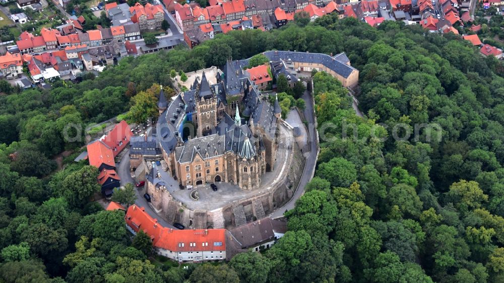 Aerial image Wernigerode - Castle of the fortress Schloss Wernigerode in Wernigerode in the state Saxony-Anhalt, Germany