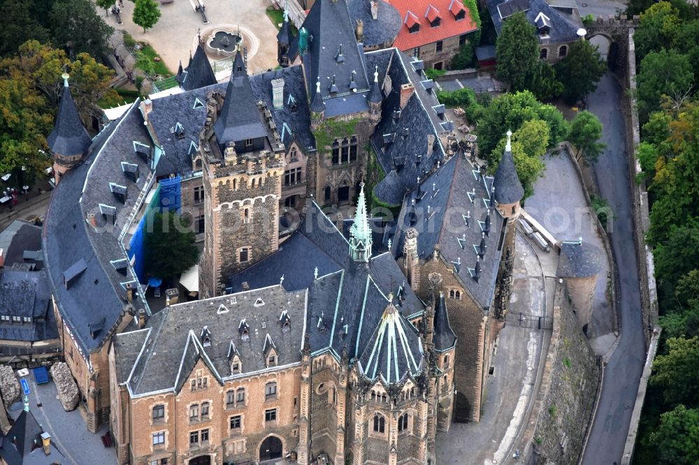 Wernigerode from above - Castle of the fortress Schloss Wernigerode in Wernigerode in the state Saxony-Anhalt, Germany