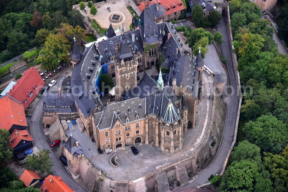 Aerial image Wernigerode - Castle of the fortress Schloss Wernigerode in Wernigerode in the state Saxony-Anhalt, Germany