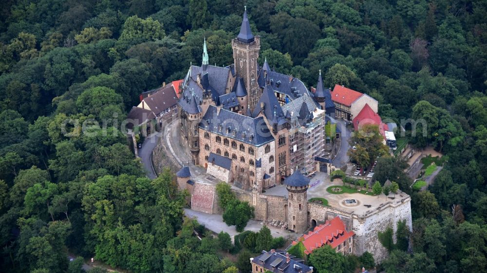 Aerial image Wernigerode - Castle of the fortress Schloss Wernigerode in Wernigerode in the state Saxony-Anhalt, Germany