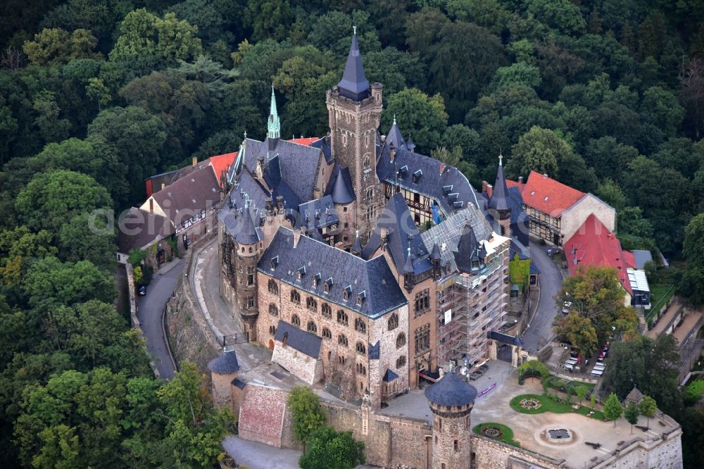 Wernigerode from above - Castle of the fortress Schloss Wernigerode in Wernigerode in the state Saxony-Anhalt, Germany