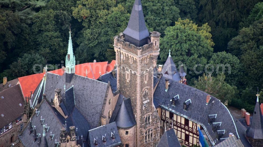 Wernigerode from the bird's eye view: Castle of the fortress Schloss Wernigerode in Wernigerode in the state Saxony-Anhalt, Germany