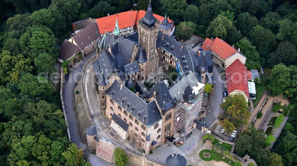 Aerial image Wernigerode - Castle of the fortress Schloss Wernigerode in Wernigerode in the state Saxony-Anhalt, Germany