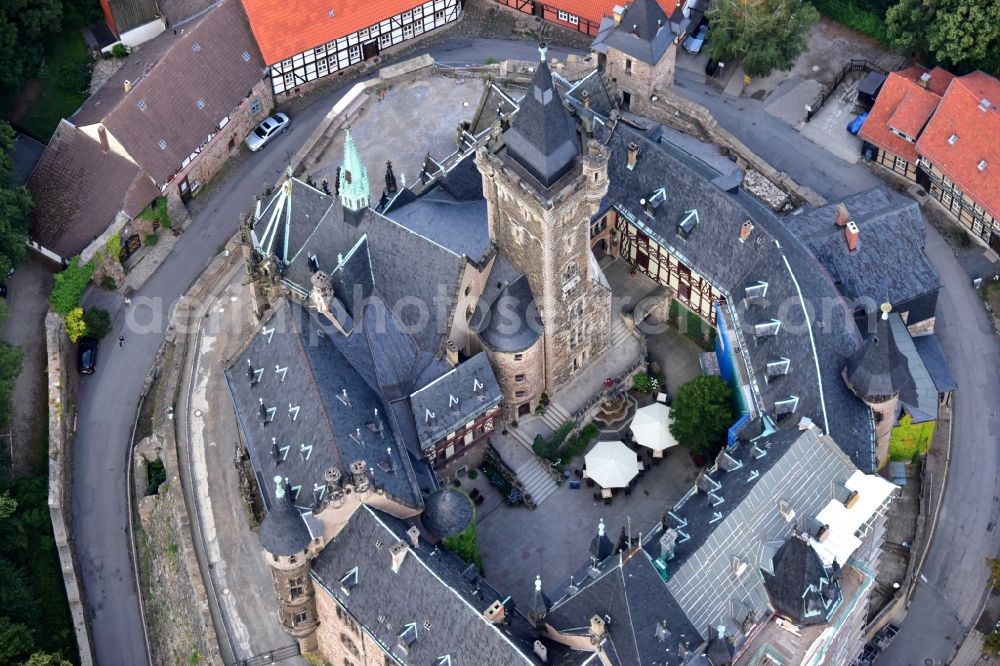 Wernigerode from the bird's eye view: Castle of the fortress Schloss Wernigerode in Wernigerode in the state Saxony-Anhalt, Germany