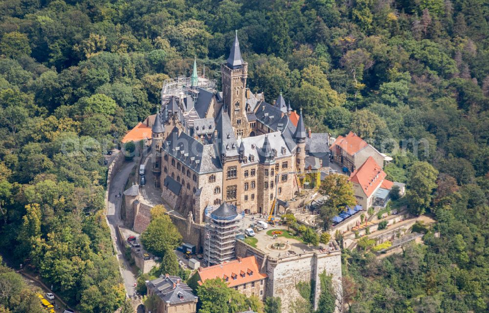 Wernigerode from above - Castle of the fortress Schloss Wernigerode in Wernigerode in the state Saxony-Anhalt, Germany