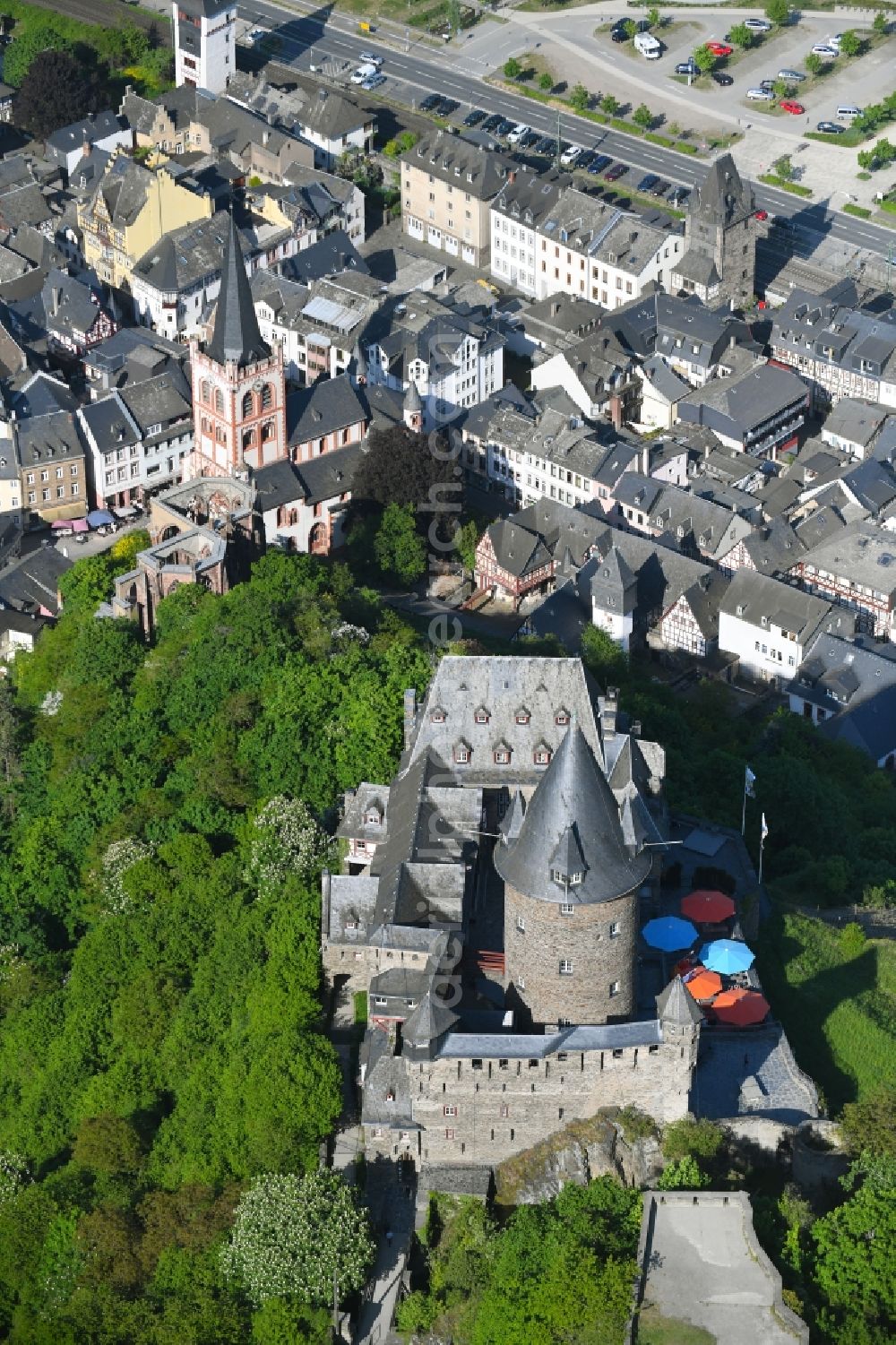 Bacharach from above - Castle of the fortress Stahleck in Bacharach in the state Rhineland-Palatinate, Germany