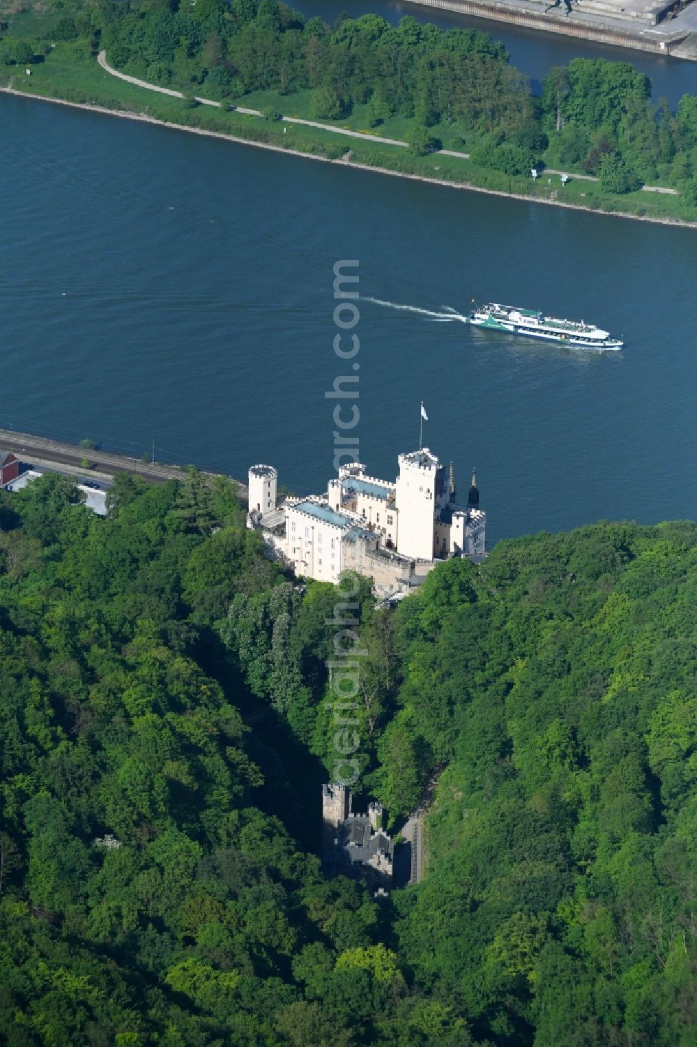 Aerial image Koblenz - Castle of the fortress Stolzenfels on Schlossweg in Koblenz in the state Rhineland-Palatinate, Germany