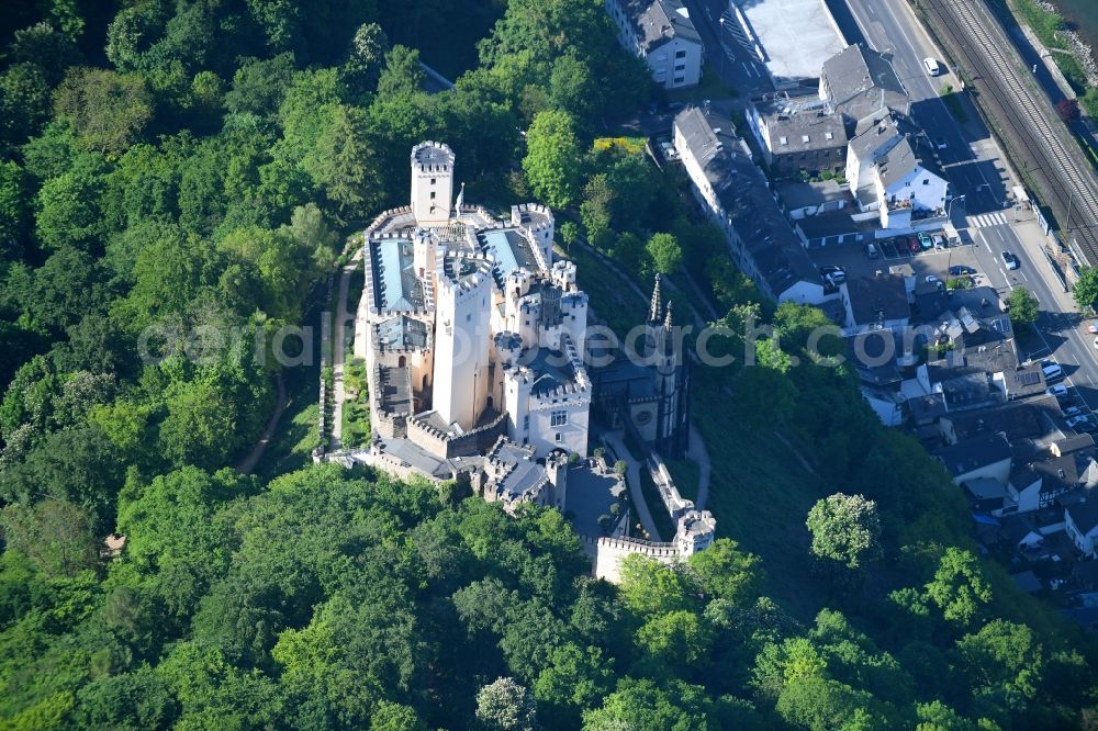 Koblenz from the bird's eye view: Castle of the fortress Stolzenfels on Schlossweg in Koblenz in the state Rhineland-Palatinate, Germany