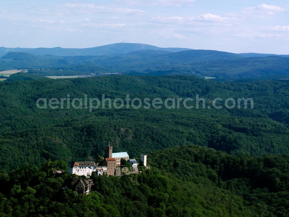 Aerial image Eisenach - Castle of the fortress Wartburg-Stiftung Eisenach in Eisenach in the Thuringian Forest in the state Thuringia, Germany