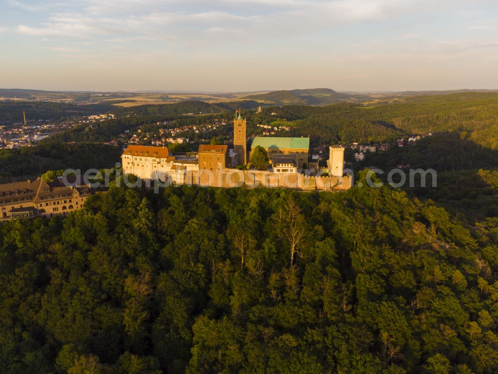 Eisenach from above - Night lights and lighting at the Wartburg Fortress in Eisenach in the state of Thuringia, Germany