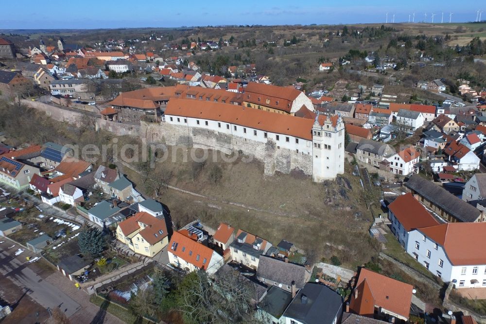 Wettin from above - Castle of the fortress in Wettin in the state Saxony-Anhalt, Germany