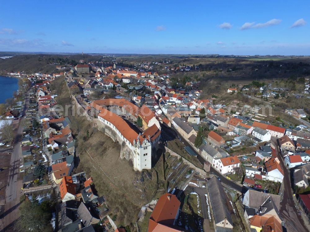 Wettin from above - Castle of the fortress in Wettin in the state Saxony-Anhalt, Germany