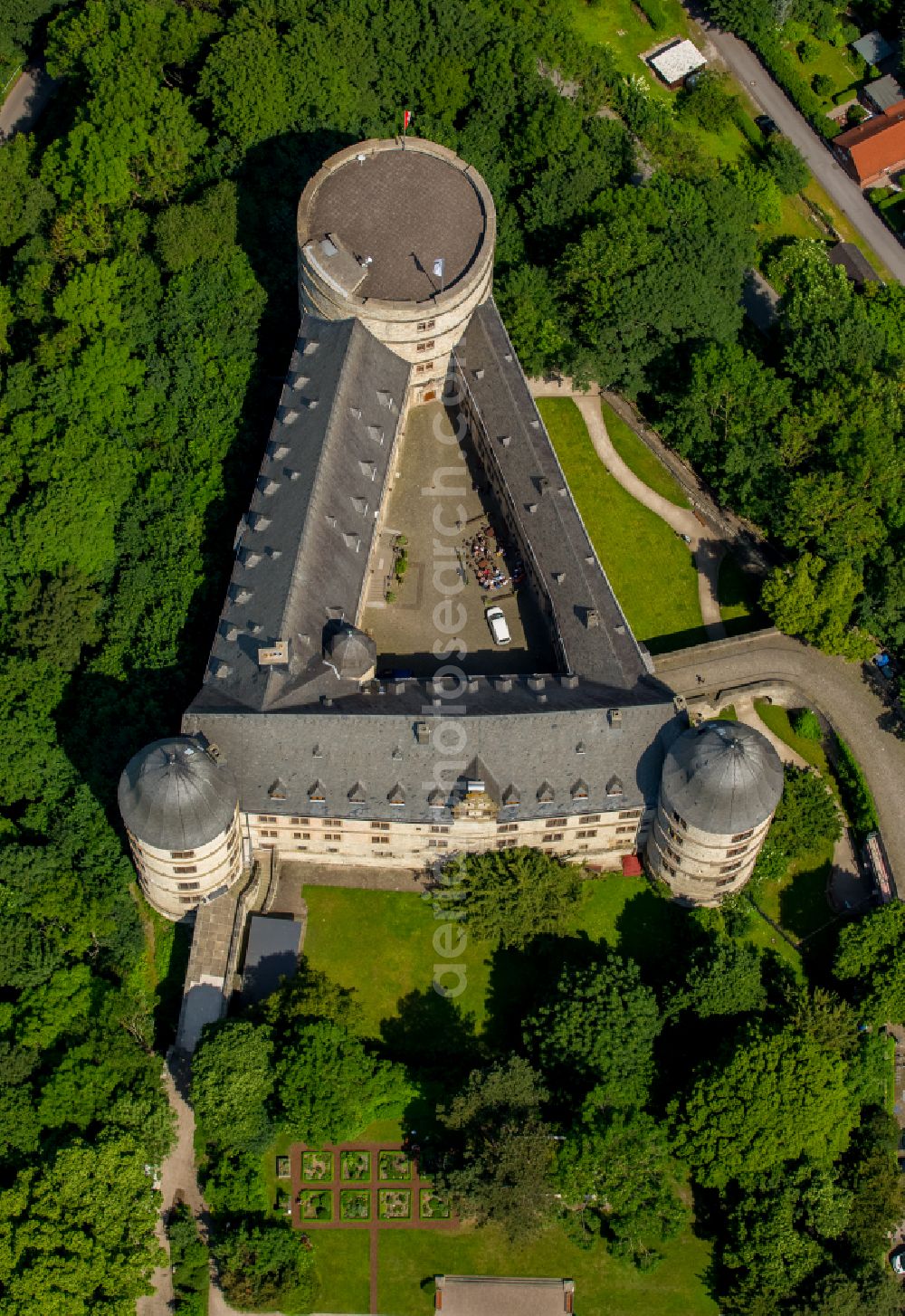 Büren from above - Castle of the fortress Wewelsburg on Burgwall in Bueren in the state North Rhine-Westphalia