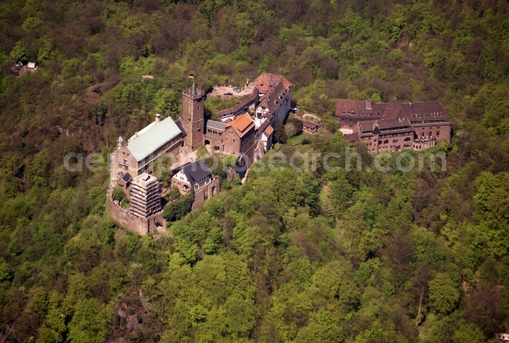 Eisenach from the bird's eye view: View of the Wartburg-Stiftung Eisenach near Eisenach in Thuringia. The castle dates from the 11th Century, but has its present form since the mid-19th Century. Since 1999 it is a UNESCO World Heritage Site