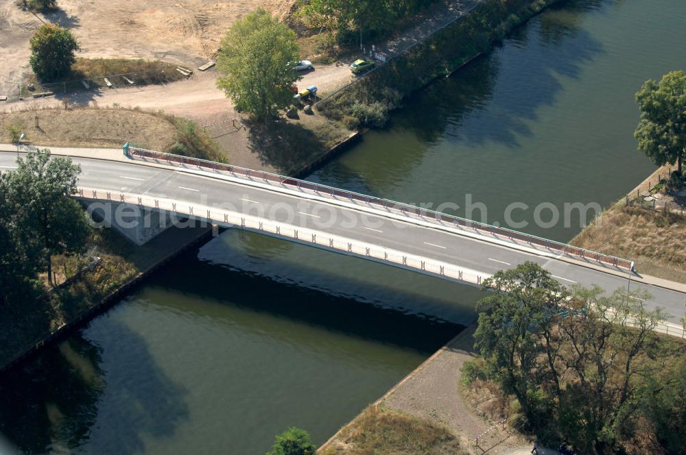 Aerial photograph BURG - Blick auf die Burger Brücke. Die Brücke wurde im Jahr 2005 erbaut und ist eine Überführung der Landstraße 52 über den Elbe-Havel-Kanal bei km 332,150.