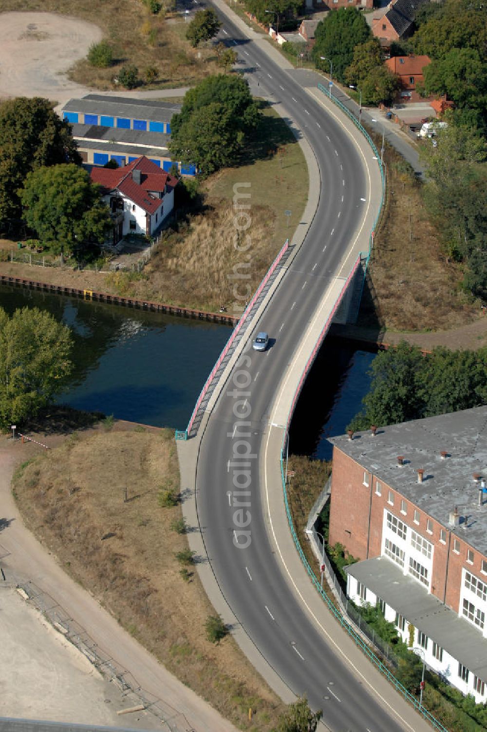 Aerial photograph BURG - Blick auf die Burger Brücke. Die Brücke wurde im Jahr 2005 erbaut und ist eine Überführung der Landstraße 52 über den Elbe-Havel-Kanal bei km 332,150.