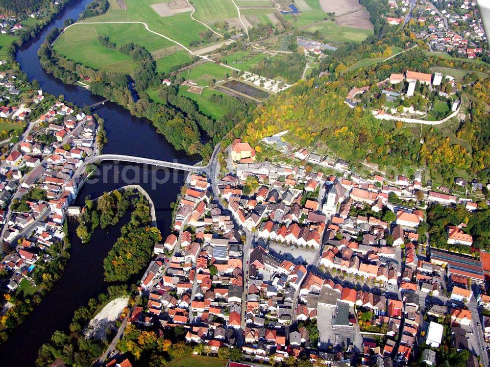 Aerial image Burglengenfeld / Bayern - Burglengenfeld (Bayern): Die 1200-jährige Burganlage Burg Lengenfeld auf dem Kreuzberg,auch bekannt als die Wiege der Wittelsbacher, Marktplatz 2-6, 93133 Burglengenfeld Tel. (09471) 7018-0, Fax. (09471) 701845