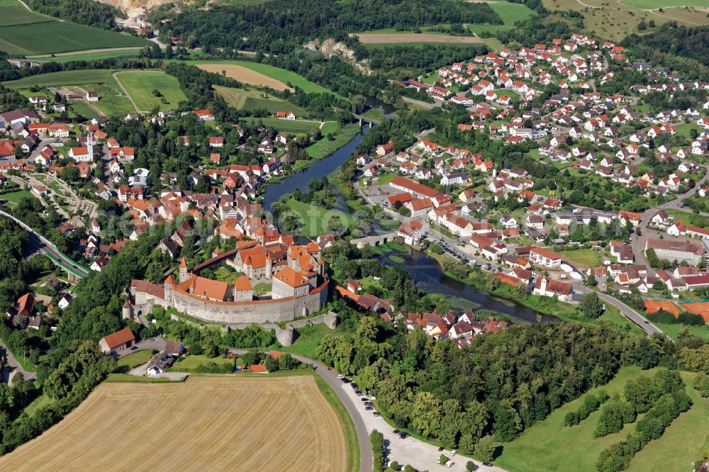 Aerial image Harburg (Schwaben) - Walls of the castle complex on the plateau of Burg Harburg in Harburg (Schwaben) in the state Bavaria, Germany