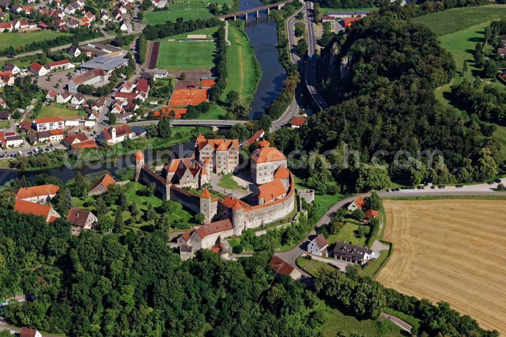 Harburg (Schwaben) from above - Walls of the castle complex on the plateau of Burg Harburg in Harburg (Schwaben) in the state Bavaria, Germany