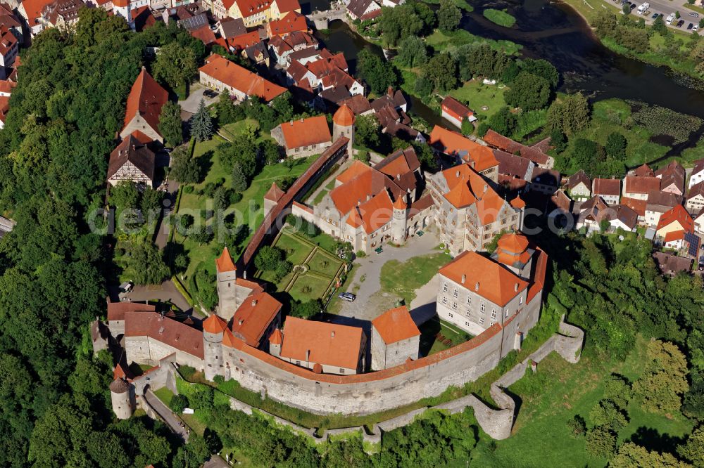 Harburg (Schwaben) from above - Walls of the castle complex on the plateau of Burg Harburg in Harburg (Schwaben) in the state Bavaria, Germany