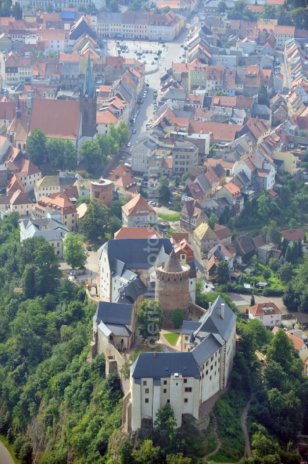 Leisnig from above - Walls of the castle complex on the plateau Mildenstein in Leisnig in the state Saxony, Germany