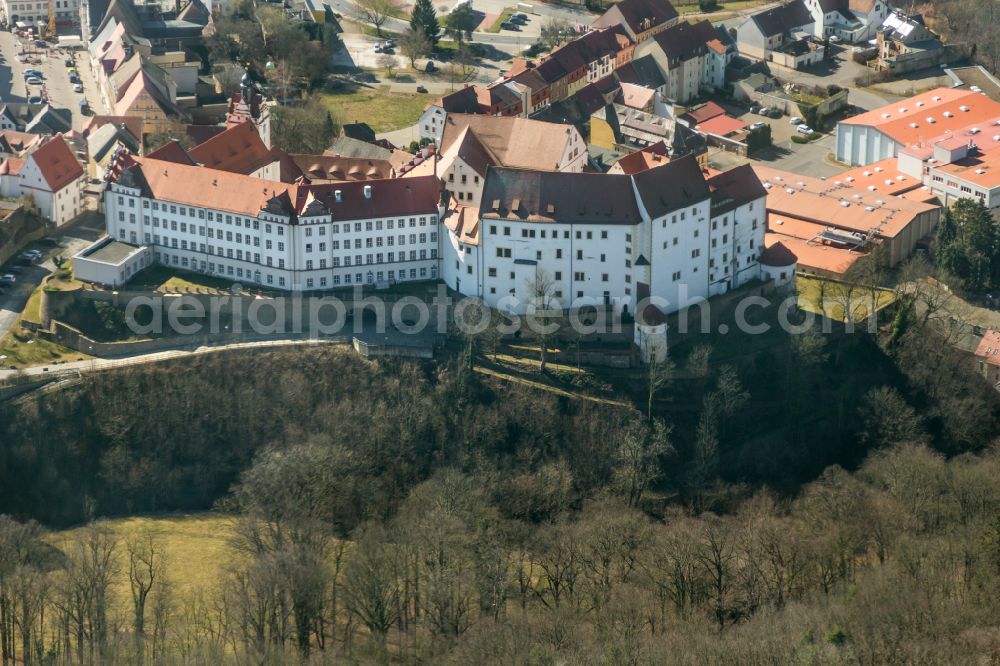 Colditz from above - Walls of the castle complex on the plateau and castle on street Schlossgasse in Colditz in the state Saxony, Germany