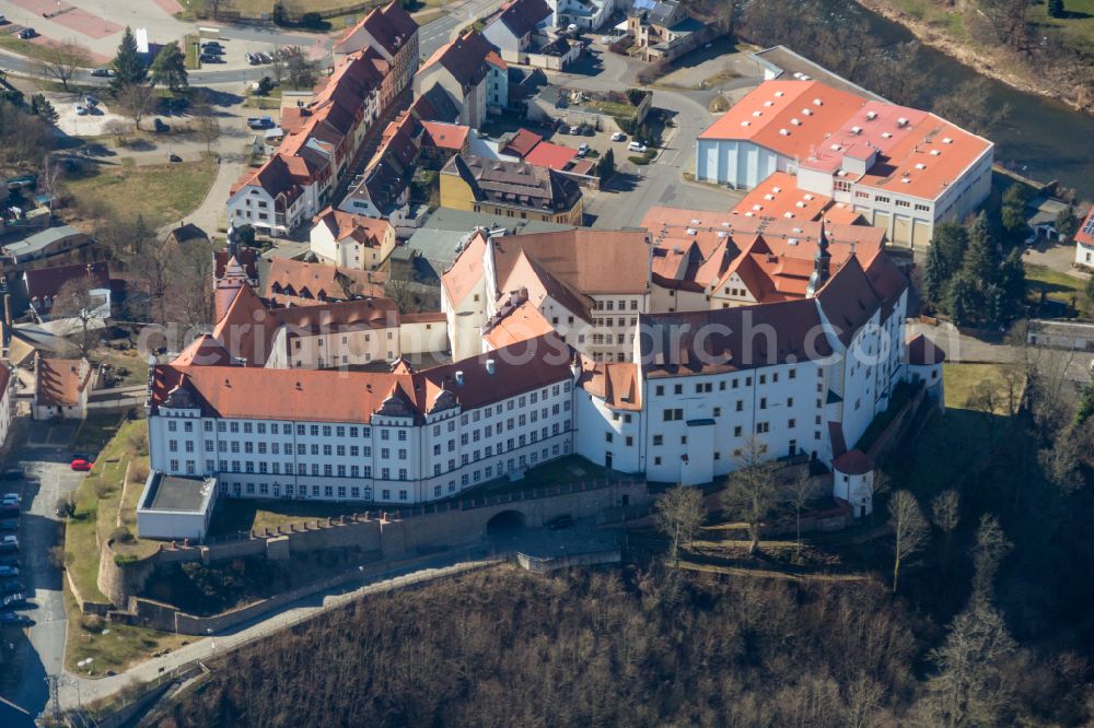 Colditz from the bird's eye view: Walls of the castle complex on the plateau and castle on street Schlossgasse in Colditz in the state Saxony, Germany