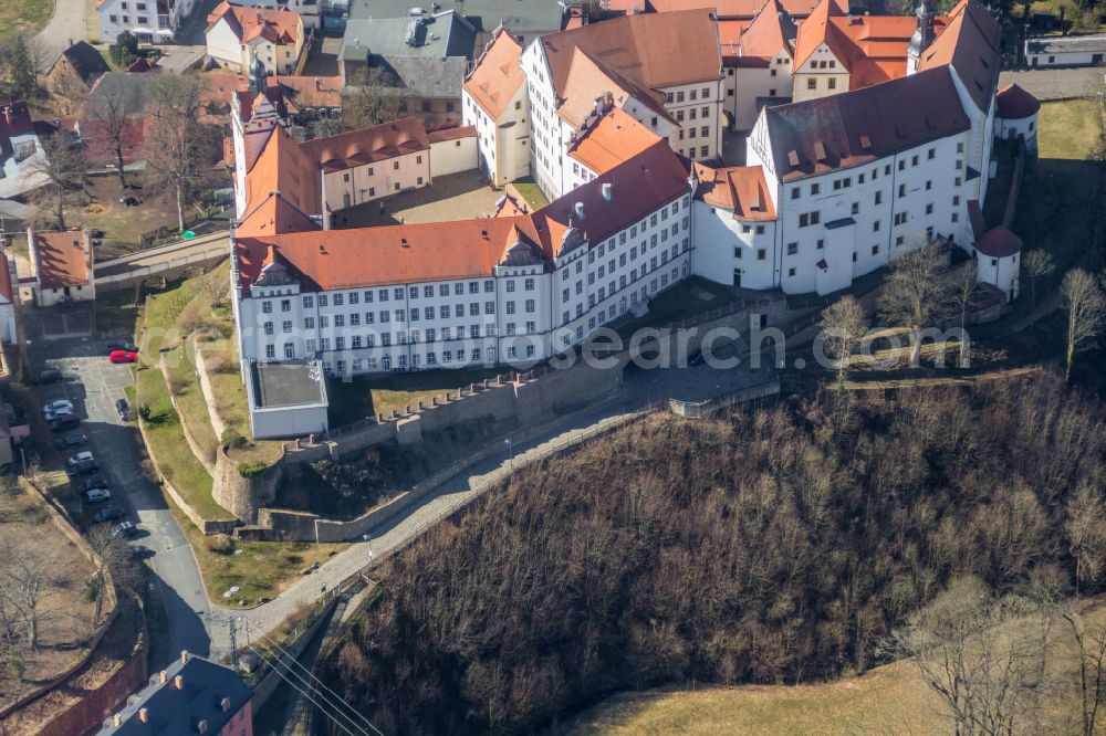 Aerial image Colditz - Walls of the castle complex on the plateau and castle on street Schlossgasse in Colditz in the state Saxony, Germany