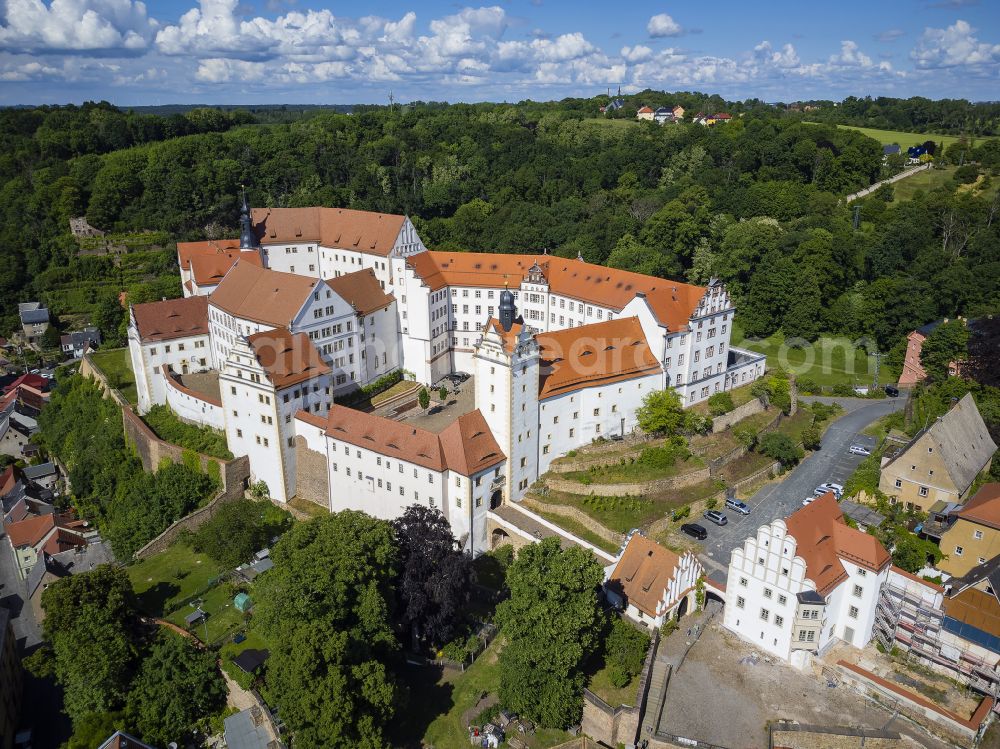 Colditz from above - Walls of the castle complex on the plateau and castle on street Schlossgasse in Colditz in the state Saxony, Germany