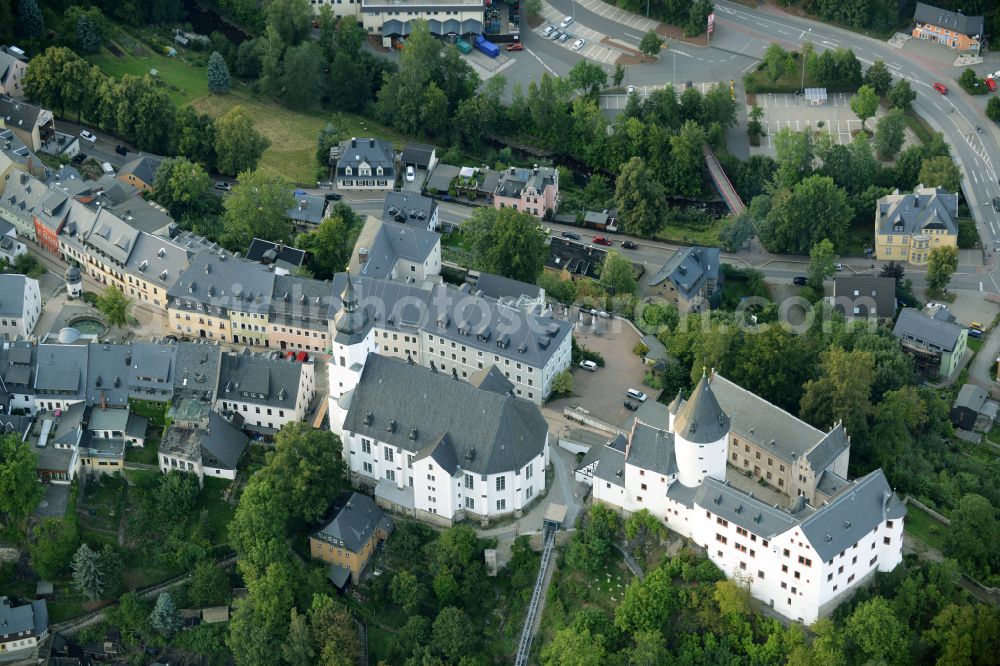 Schwarzenberg/Erzgebirge from above - Walls of the castle complex on the plateau Schloss Schwarzenberg in Schwarzenberg/Erzgebirge in the state Saxony, Germany