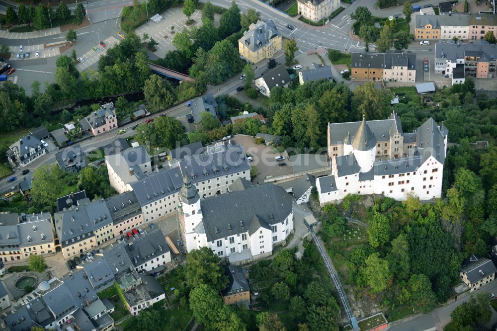 Aerial image Schwarzenberg/Erzgebirge - Walls of the castle complex on the plateau Schloss Schwarzenberg in Schwarzenberg/Erzgebirge in the state Saxony, Germany