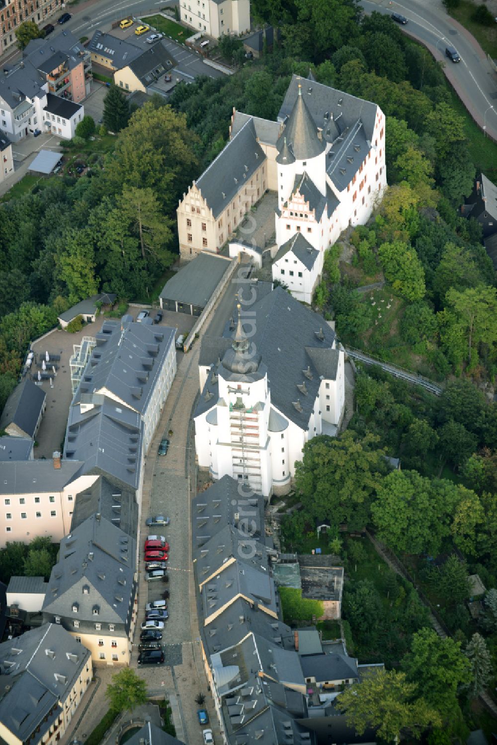 Schwarzenberg/Erzgebirge from above - Walls of the castle complex on the plateau Schloss Schwarzenberg in Schwarzenberg/Erzgebirge in the state Saxony, Germany