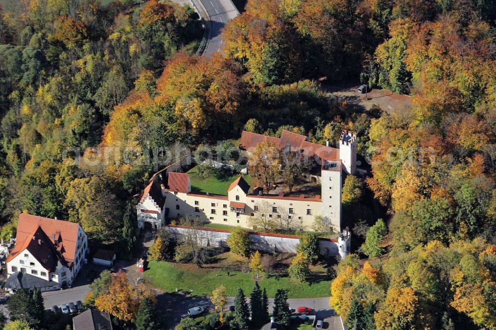 Grünwald from the bird's eye view: The late medieval hilltop castle Gruenwald in Zeillerstr. 3 above the Isartal in the state Bavaria houses the Castle Museum Gruenwald, a Branch of the State Archaeological Collections