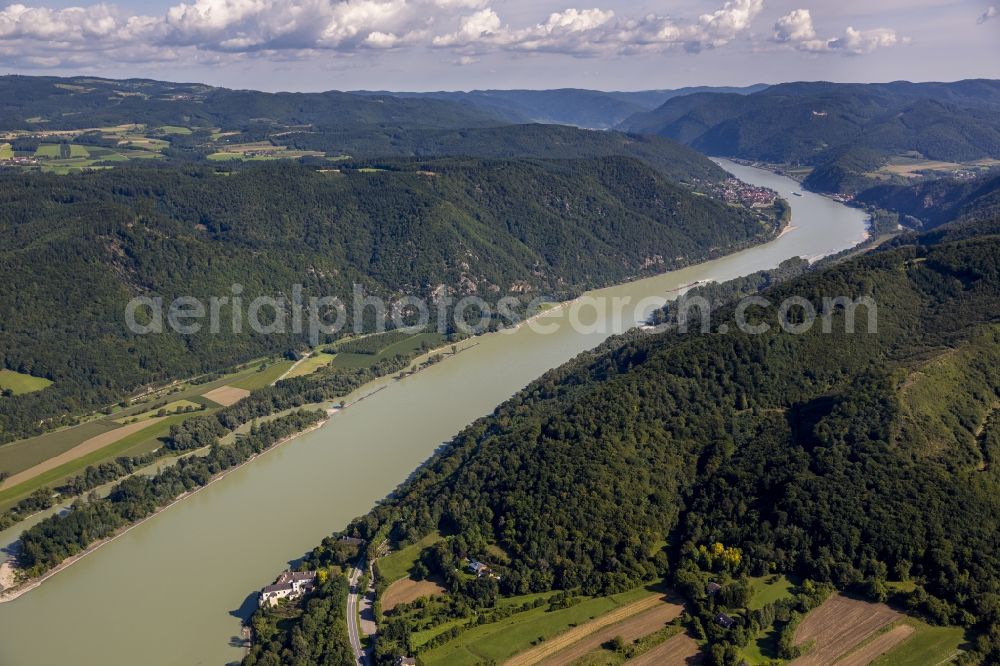 Aggsbach from the bird's eye view: Aggstein castle ruins on the Danube in Lower Austria in Austria