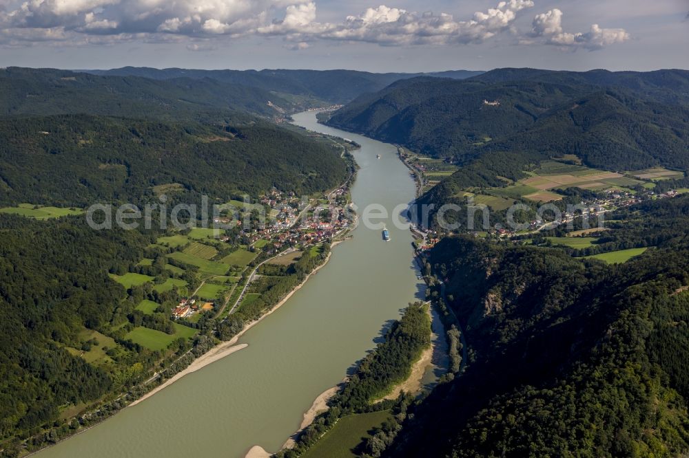 Aerial image Aggsbach - Aggstein castle ruins on the Danube in Lower Austria in Austria