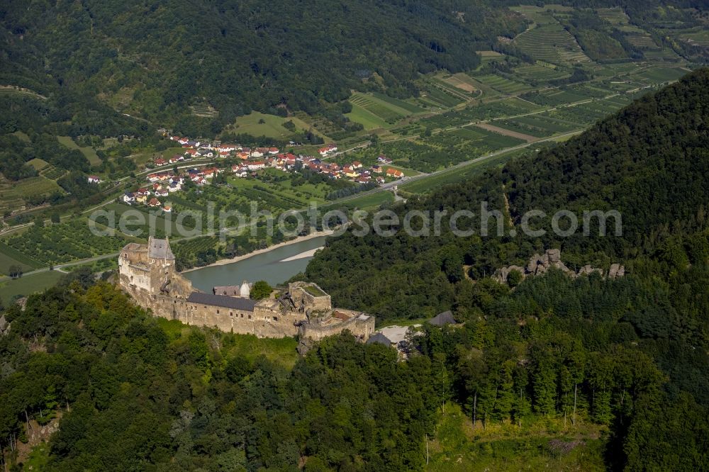 Aggsbach from above - Aggstein castle ruins on the Danube in Lower Austria in Austria