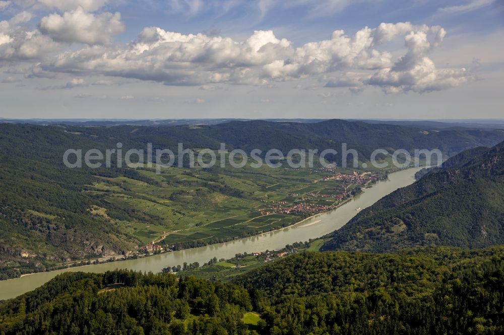 Aerial image Aggsbach - Aggstein castle ruins on the Danube in Lower Austria in Austria