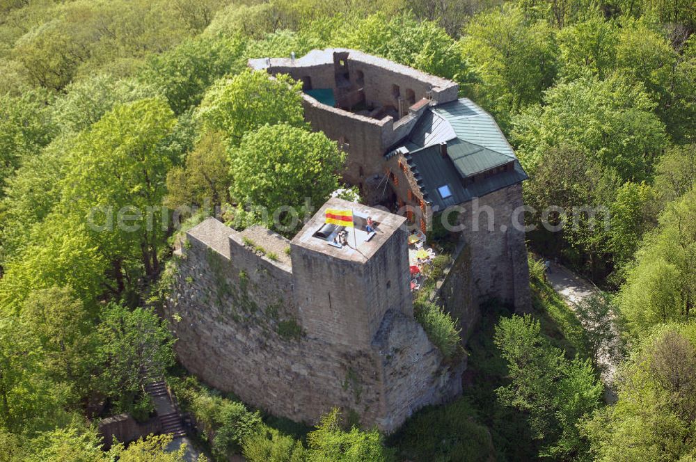 EBERSTEIN from the bird's eye view: Die Ruine Alt-Eberstein liegt direkt über dem Baden-Badener Stadtteil Ebersteinburg in Baden-Württemberg.Von der einstigen Burganlage sind heute nur noch der Bergfried und eine Schildmauer vorhanden.Im Jahr 1085 erhielt die Familie eine Schenkungsurkunde des Klosters Reichenbach, in der erstmals der Name „Berthold de Eberstein“ erscheint. Zu dieser Zeit verlegten sie ihren Wohnsitz aus der Rheinebene (dort gehörten ihnen zehn Orte im Raum Sinzheim und Ottersweier) auf Burg Eberstein (Alt-Eberstein).