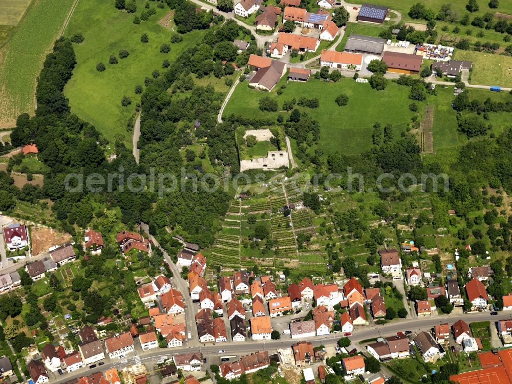 Sachsenheim from above - The remains of castle Altsachsenheim in Sachsenheim in the state of Baden-Wuerttemberg. The ruins of a high fortress from the 13th century are located on a hill above the village of Untermberg. Egartenhof hamlet is adjacent to it. Foundation walls are still present which are an indication that the building used to be a three floor building
