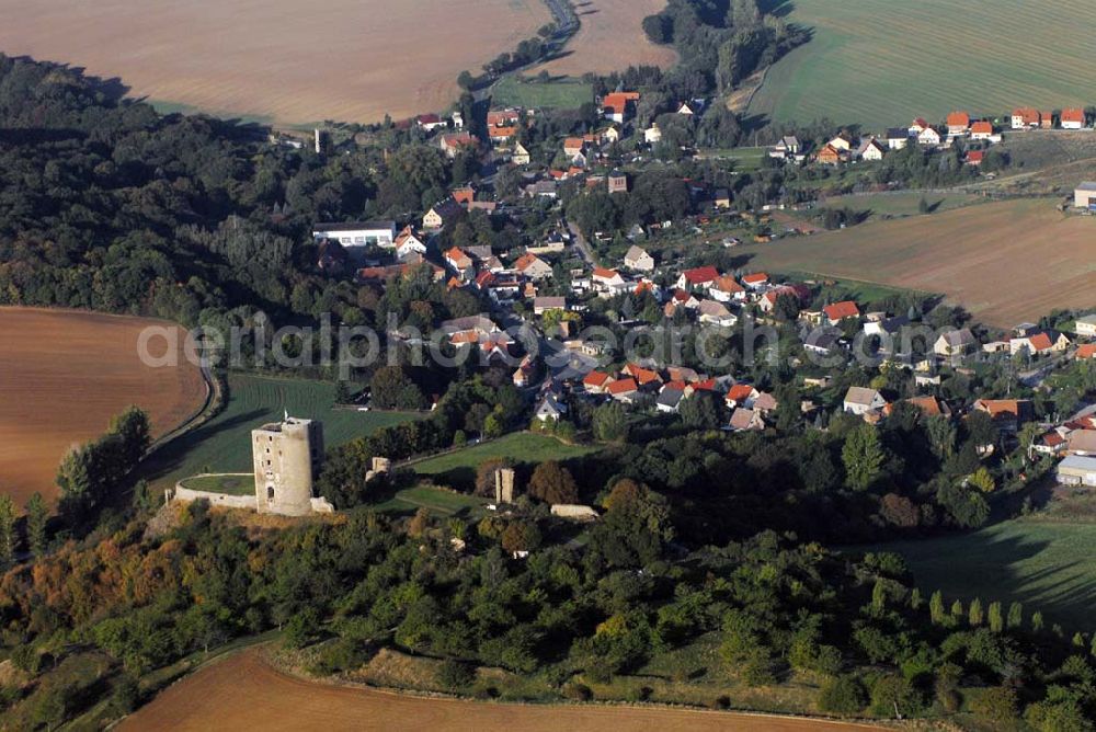 Harkerode from above - Blick auf die sich am Ortsrand von Harkerode befindende Ruine der Burg Arnstein auf einem nach drei Seiten hin steil abfallenden Bergsporn. Sie ist eine der größten mittelalterlichen Burganlagen im Harz. Heute ist die imposante Ruinenanlage ein attraktives Ausflugsziel und im Besitz der Gemeinde Harkerode. Gemeinde Harkerode - Landkreis Mansfelder Land - Verwaltungsgemeinschaft: Wipper-Eine - Eislebener Straße 2, 06333 Quenstedt - Tel.: (03473) 96220 - Fax: (03473) 962228 - E-Mail: post@vgem-wipper-eine.de