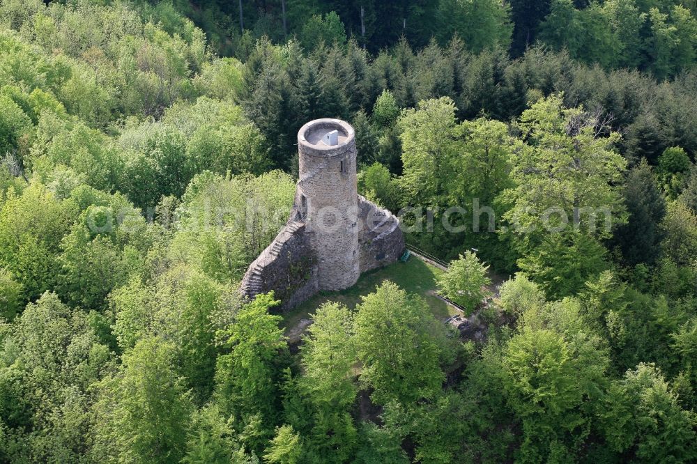 Wehr from above - Burg Baerenfels on the slopes of the Hotzenwald on the mount Steinegg in Wehr in Baden-Wuerttemberg. The ruins of the hilltop castle now serve as an observation tower overlooking Wehratal and Hochrhein